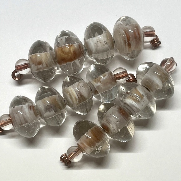 As Low As $2 Handmade Clear Oatmeal Swirled Lampwork Glass Rondelles 16x10mm (4) - Picture 3 of 4